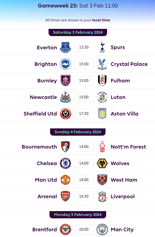 FPL Gameweek 23 Fixtures